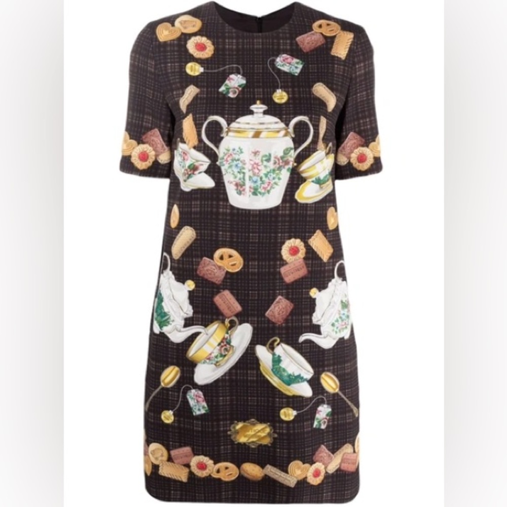 MOSCHINO BOUTIQUE TEA TIME PRINT SHORT DRESS IN PRINTED CREPE